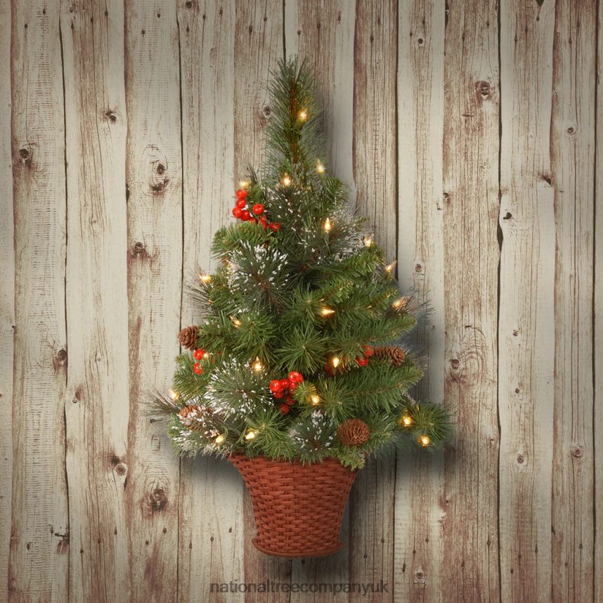 Trees | National Tree Company Pre-Lit Artificial Mini Christmas Tree Green Crestwood Spruce White Lights Decorated with Pine Cones Berry Clusters Frosted Branches Includes Wicker Base 3 Feet F
